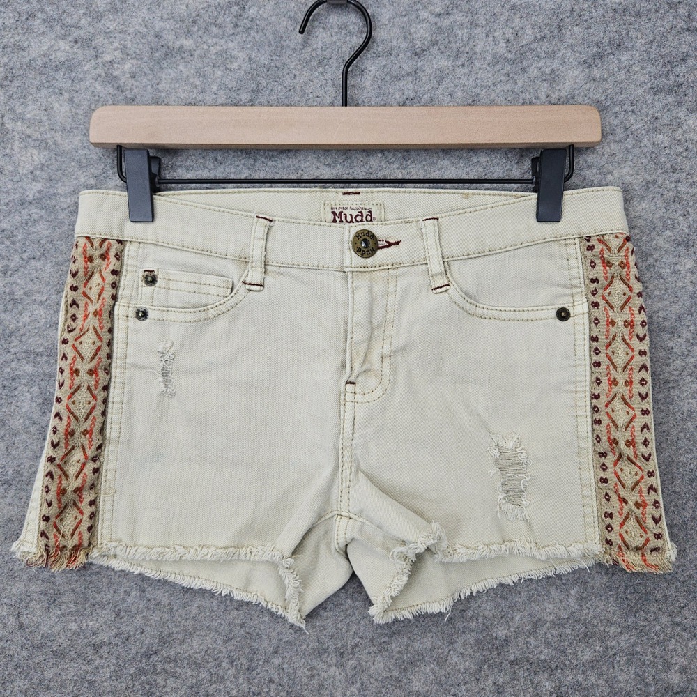 Mudd Denim Shorts Womens Juinors 7 Tan Distressed Boho Embroidered Cut Off Jeans